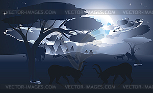 Ночной пейзаж с антилопами - векторное изображение клипарта