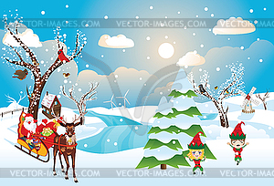 Santa Riding Reindeer Sleigh - vector clipart / vector image