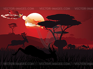 Sunset Landscape with Antelopes - vector image