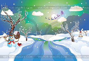 Santa Riding Christmas Sleigh at Night - vector clipart