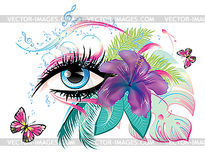 Eye with floral and music notes - vector clip art