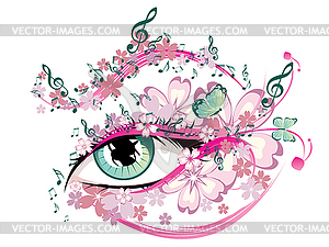 Eye with floral and music notes - vector clip art