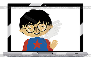 Asian boy on laptop screen - vector image