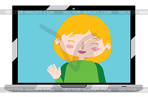 Blond girl on laptop screen - vector clip art