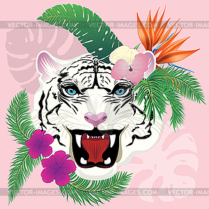 White tiger portrait with tropical leaves - vector image