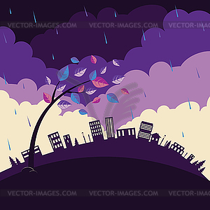 Ветреный пейзаж с деревом - векторный клипарт / векторное изображение