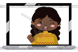 Afro american girl on laptop screen - vector clip art