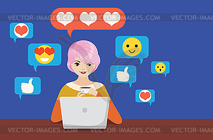 Girl with laptop social media chat - vector clip art