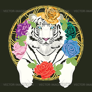 White tiger with roses - vector image