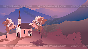 Catholic church in sunrise mountains - royalty-free vector image