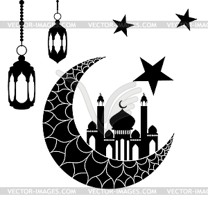 Crescent moon with mosque - vector clip art