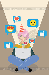 Girl with laptop Birthday greetings - vector image