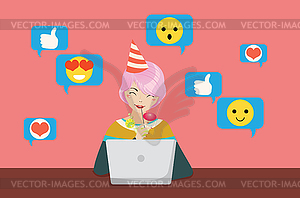 Girl with laptop Birthday greetings - vector image