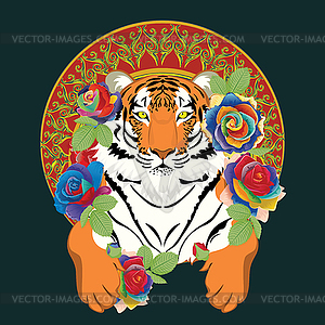 Red tiger with roses - stock vector clipart