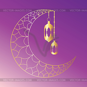 Crescent moon with arabic lantern - vector clip art