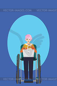 Disabled girl in wheelchair with laptop - vector image