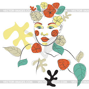 Портрет женщины искусства красочные цветочные линии - графика в векторном формате