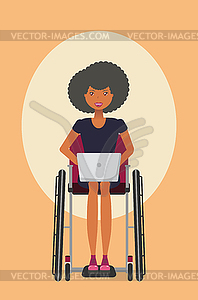 Девушка-инвалид в инвалидной коляске с ноутбуком - стоковое векторное изображение