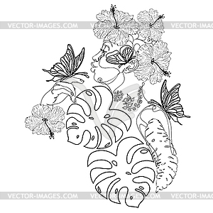 Линейное изображение профиля девушки с тропическими листьями - векторное изображение клипарта