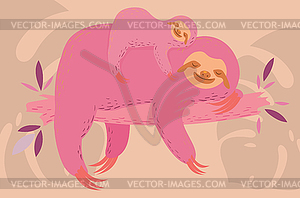 Sloth with baby and tropical leaves - vector clipart