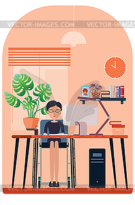 Disabled girl in wheelchair work home - vector clipart