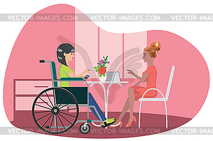 Girl in wheelchair drink coffee with friend - vector clip art