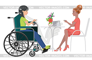 Девушка в инвалидной коляске пьет кофе с другом - векторный клипарт / векторное изображение