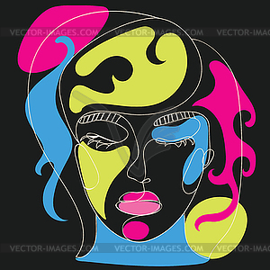 Lineart girl face with shapes on dark - vector clip art