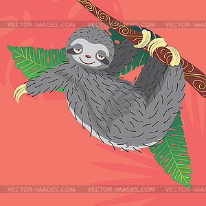 Sloth with tropical leaves - vector image