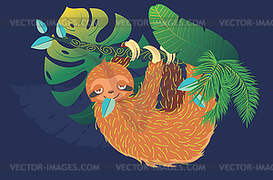 Sloth with tropical leaves - vector image