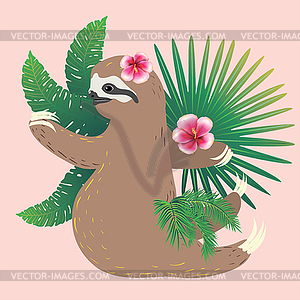 Yoga sloth with tropic plants - vector clipart