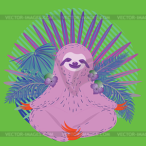 Йога-ленивец с тропическими растениями - изображение векторного клипарта