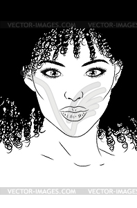 Черная девушка с вьющимися волосами lineart портрет - изображение в векторном формате