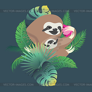 Sloth with baby and tropical leaves - vector clipart