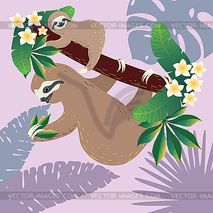 Sloth with baby and tropical leaves - vector image