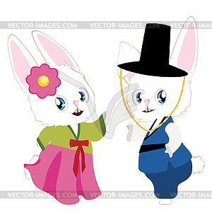 Cartoon couple of bunnies in hanbok - vector EPS clipart