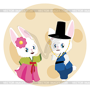 Мультяшная пара кроликов в ханбоке - векторная иллюстрация