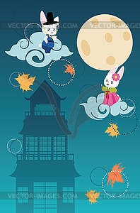 Chuseok greeting with bunnies in hanbok - vector clipart