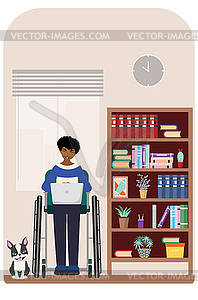 Disabled man in wheelchair work home - vector clip art