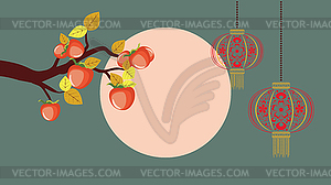 Persimmon fruits on branch and moon - vector clip art