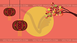 Persimmon fruits on branch and moon - vector image