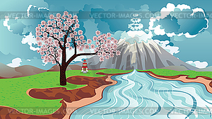 Sakura near river and volcano - vector clipart