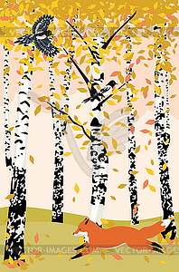 Autumn birch trees and animals - vector image