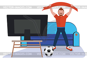 Человек смотрит футбол по телевизору - векторное изображение клипарта
