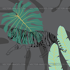 Walking tiger lineart with tropic leaves - vector clipart