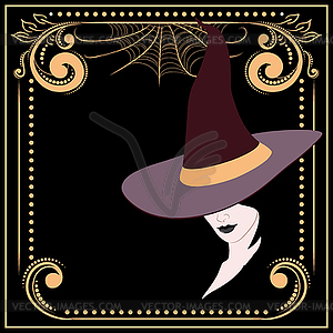 Witch hat and face with floral - vector clip art