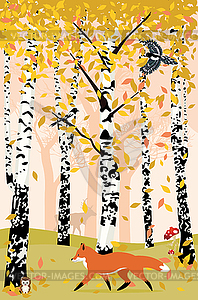 Autumn birch trees and animals - vector image