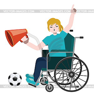 Blond girl soccer fan on wheelchair - vector clipart