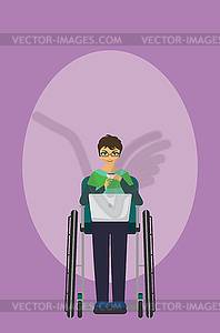 Disabled man in wheelchair with laptop - vector clip art