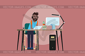 Disabled man in wheelchair with laptop - vector image